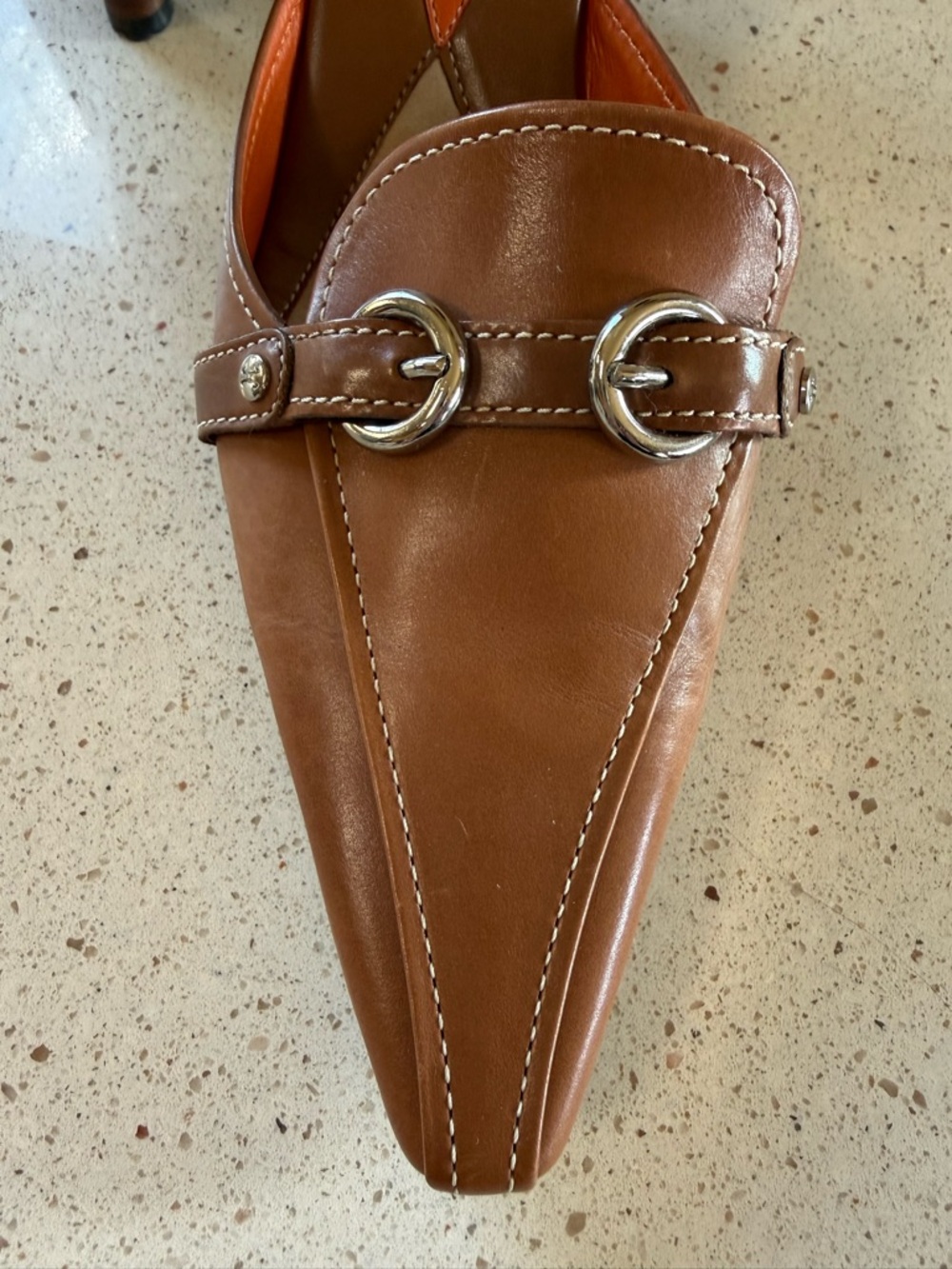 Cole Haan Brown Leather Kitten Heel Mules with Silver Buckle - Picture 2 of 6